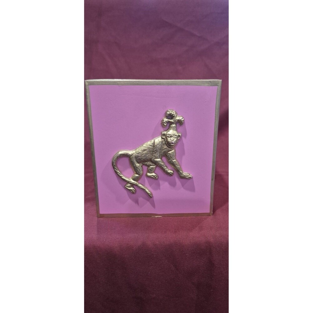 Jayes Studio Pink Metal Tissue Box Cover Cube Gold Monkey Hollywood Regency